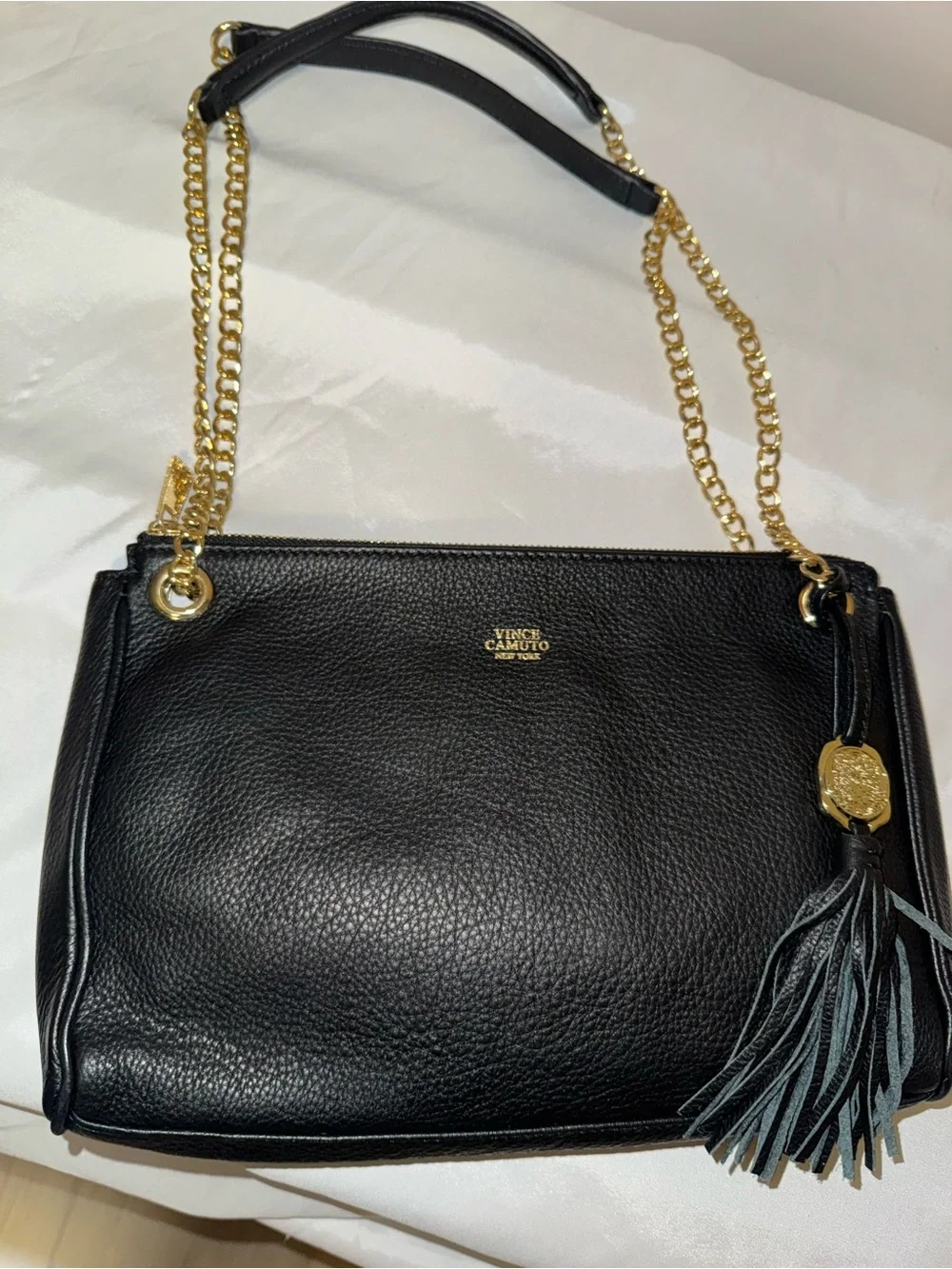 Vince Camuto Black Pebbled Leather Shoulder Bag with Gold Chain